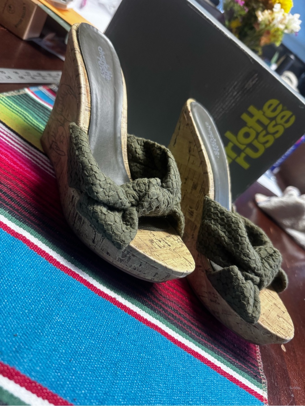 Charlotte Russe Olive Braided Cork Wedge Slides